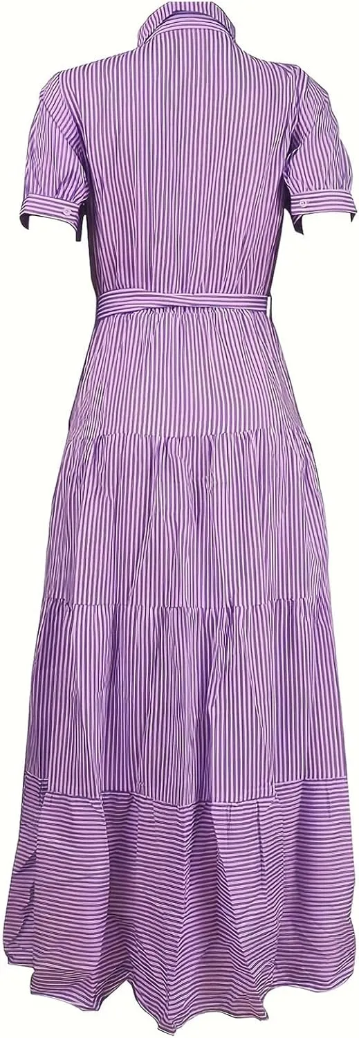 Yuopeid Women's Fashion Striped Print Shirt Long Dress Short Sleeve Button Down with Belt Tiered Casual Party Maxi Dress