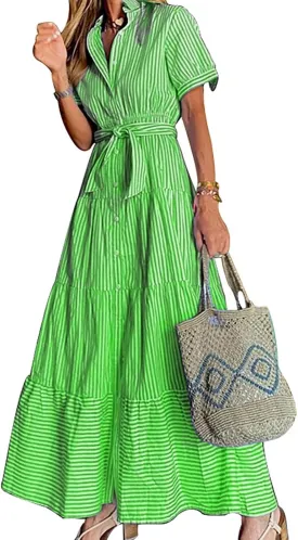 Yuopeid Women's Fashion Striped Print Shirt Long Dress Short Sleeve Button Down with Belt Tiered Casual Party Maxi Dress