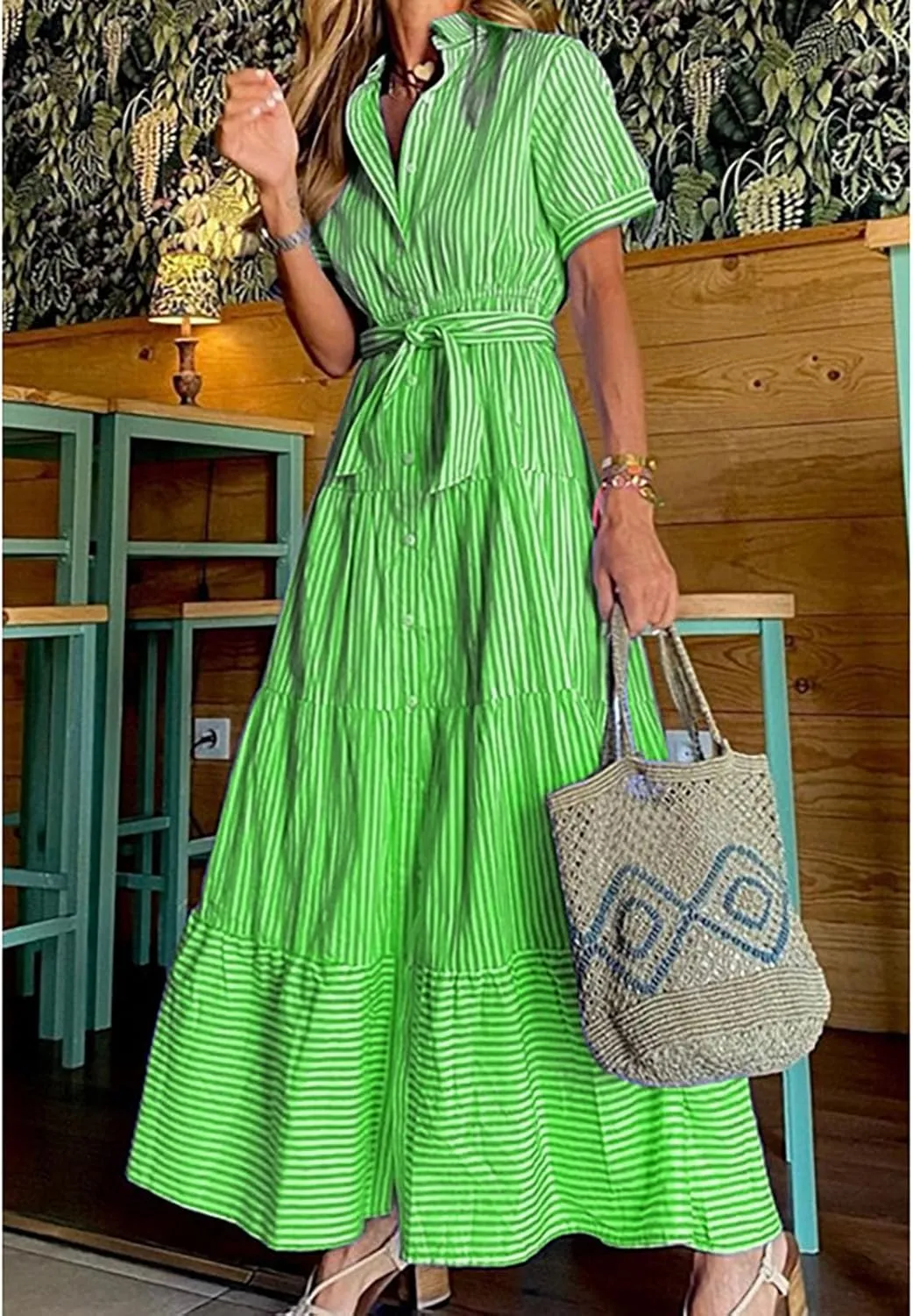 Yuopeid Women's Fashion Striped Print Shirt Long Dress Short Sleeve Button Down with Belt Tiered Casual Party Maxi Dress