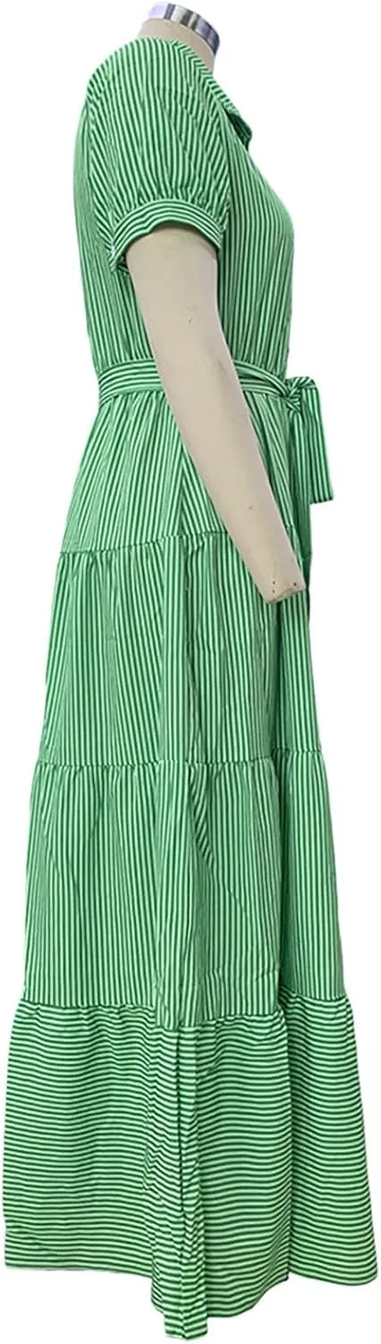 Yuopeid Women's Fashion Striped Print Shirt Long Dress Short Sleeve Button Down with Belt Tiered Casual Party Maxi Dress
