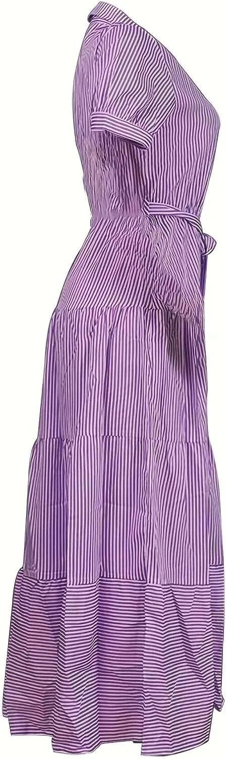 Yuopeid Women's Fashion Striped Print Shirt Long Dress Short Sleeve Button Down with Belt Tiered Casual Party Maxi Dress