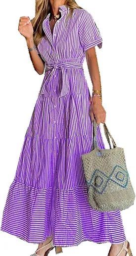 Yuopeid Women's Fashion Striped Print Shirt Long Dress Short Sleeve Button Down with Belt Tiered Casual Party Maxi Dress