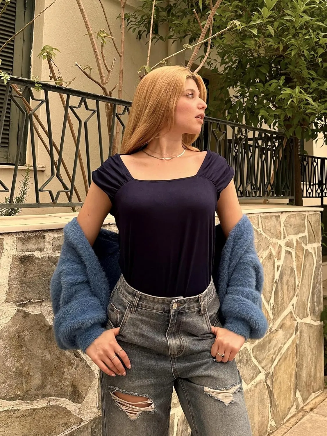 Zeagoo Women Summer Tops Cute Square Neck Tank Tops Loose Dressy Casual Shirts Cap Sleeve Tunic Tops